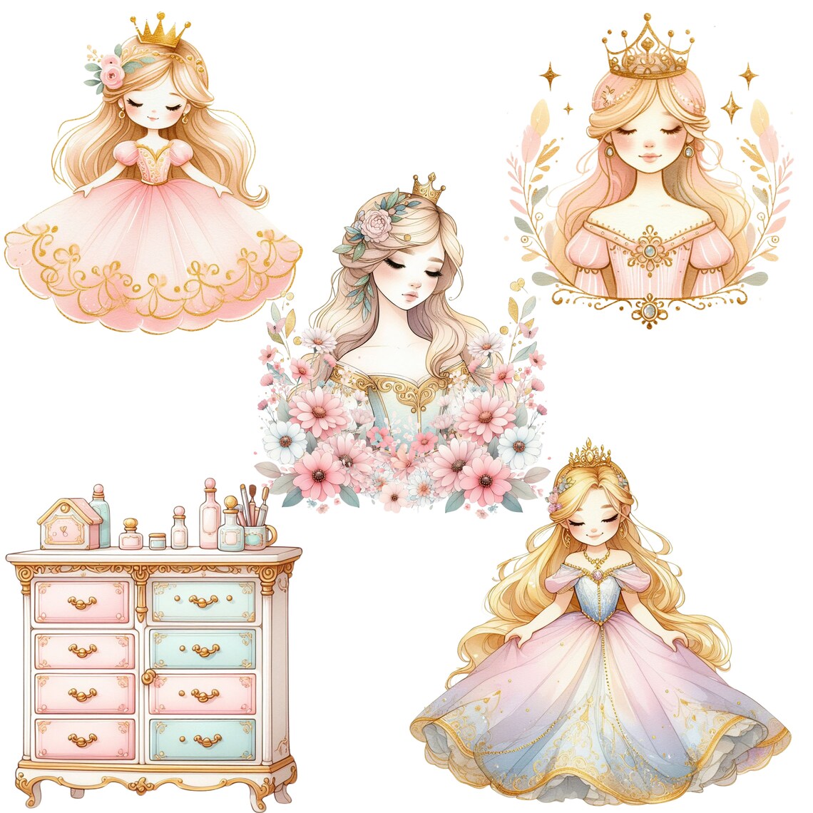 Pink Princess Clipart Bundle: Watercolor Fairytale Kingdom (PNG) - Etsy