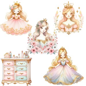 Cute Pink Princess Clipart Bundle, Watercolour Fairytale PNG ...