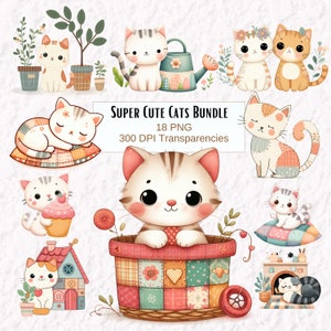 Cute Cat Clipart, Animal PNG's, Transparent Digital Download, Cottagecore Style Kitten Images, Cute Kitty's Cartoon Clipart Bundle