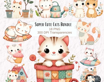 May include: A digital clipart bundle of 18 cute cartoon cats in various poses. The cats are illustrated in a patchwork style with floral accents. The text "SUPER CUTE CATS BUNDLE" and "18 PNG 300 DPI TRANSPARENCIES" is included in the image.