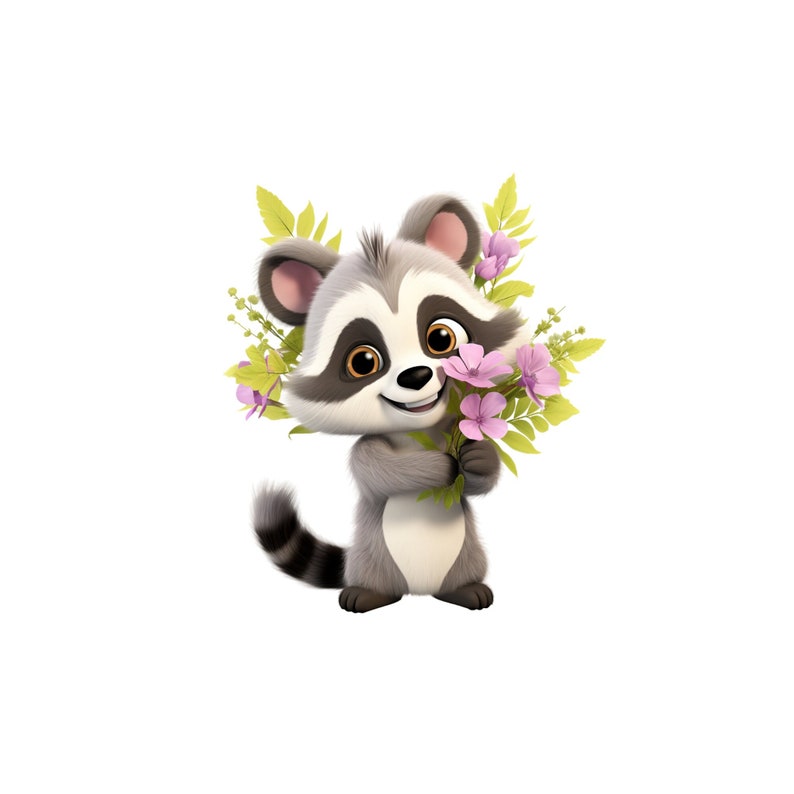 Cute Baby Racoon Clipart PNG, Racoon with Flowers Transparency
