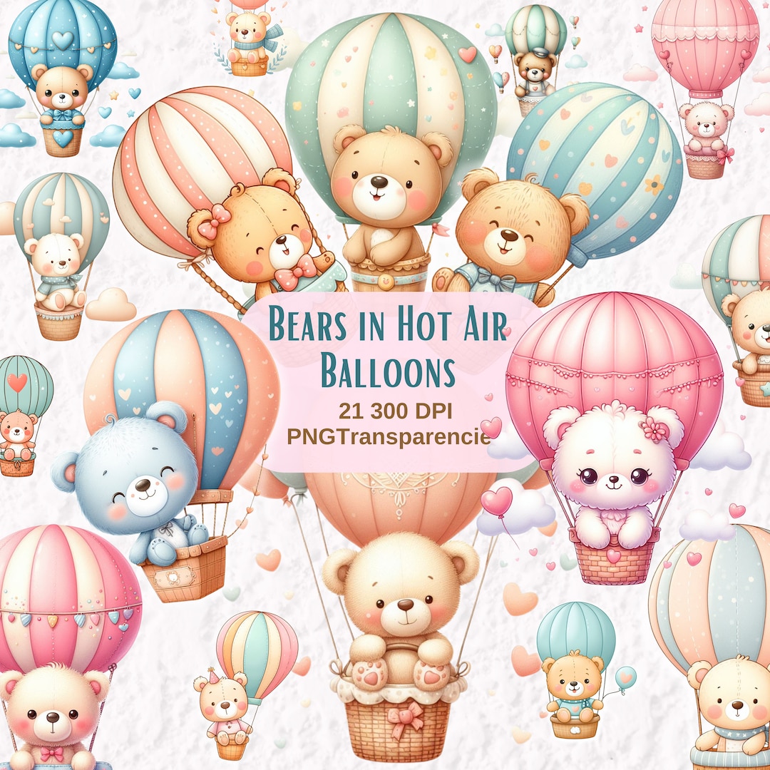 Bear Hot Air Balloon Bundle, Cute Teddy Clipart, Baby Bear Transparent ...