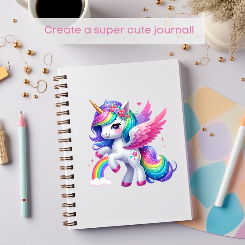 K&ouml;nnte beinhalten: Ein wei&szlig;es Spiralnotizbuch mit einer bunten Einhornillustration. Das Einhorn hat eine Regenbogenm&auml;hne und -schwanz, ein goldenes Horn und rosa Fl&uuml;gel. Der Text "Create a super cute journal!" ist zu sehen.