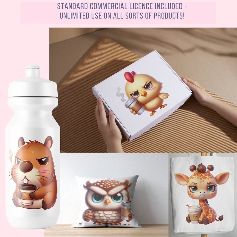 Puede incluir: Un conjunto de cuatro ilustraciones con animales adorables sosteniendo tazas de caf&eacute;. Las ilustraciones est&aacute;n impresas en una botella de agua blanca, una almohada blanca, una bolsa de mano blanca y una caja blanca. Los animales son un h&aacute;mster, un b&uacute;ho, una jirafa y un pollito.