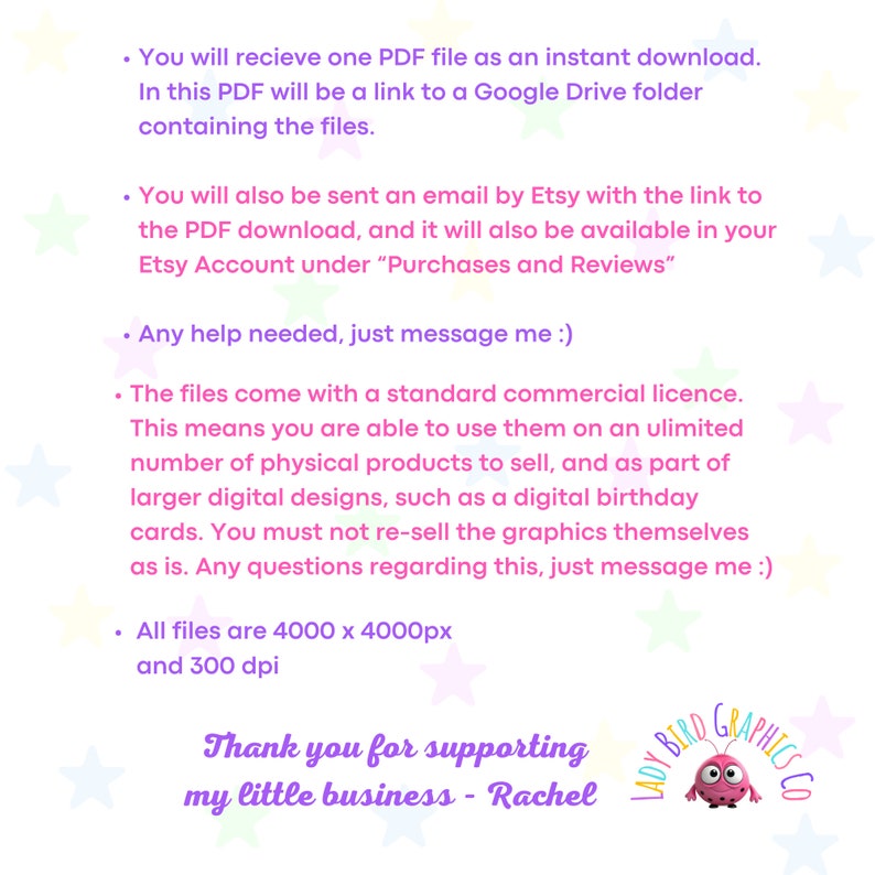 Puede incluir: Una descarga digital de gr&aacute;ficos para uso comercial. El texto dice "Gracias por apoyar mi peque&ntilde;o negocio - Rachel".