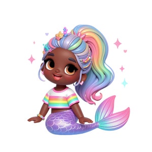 Clipart sirena, sirena arcobaleno, sirena nera PNG, download digitale trasparente, licenza commerciale per sublimazione sirena glitterata carina