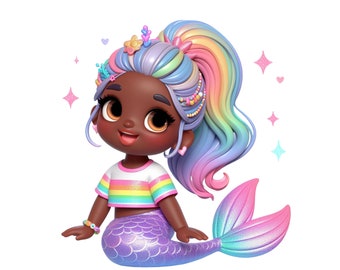 Mermaid Clipart, Rainbow Mermaid, Black Mermaid PNG, Transparent Digital Download, Cute Glitter Mermaid Sublimation Commercial Licence