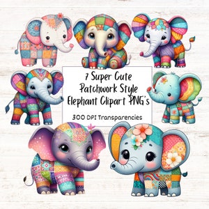 Clipart di elefante carino, elefantino PNG, download digitale trasparente, illustrazioni di elefante in stile patchwork, pacchetto di clipart per bambini carini