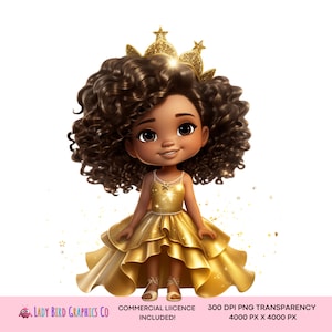 Cute Princess Clipart, Cute Afro Princess PNG Instant Download, Gold Princess Cartoon, Princess Printable Graphic, African American Princess