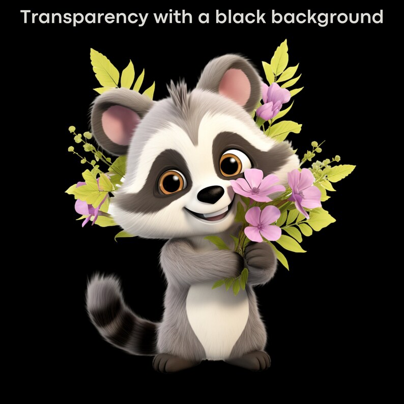 May include: A cartoon raccoon with gray and white fur, holding a bouquet of pink flowers and green leaves. The raccoon has a happy expression and is set against a black background. The text "Transparency with a black background" is at the top.