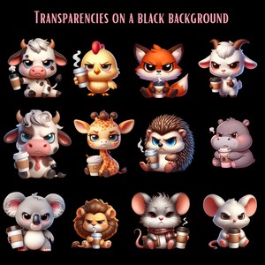 Puede incluir: Una colecci&oacute;n de 12 adorables animales de dibujos animados, cada uno sosteniendo una taza de caf&eacute;. Los animales incluyen una vaca, un pollo, un zorro, una cabra, una jirafa, un erizo, un hipop&oacute;tamo, un koala, un le&oacute;n, dos ratones y un gato. Todos los animales est&aacute;n sonriendo y parecen felices. El fondo es negro.
