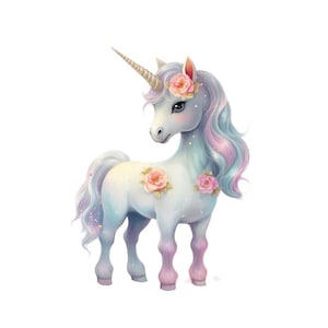 Grafica PNG unicorno acquerello carino, colori pastello tenui e fiori, trasparenza del download digitale, clipart