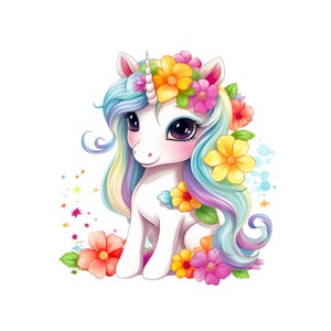 Unicorn Clipart, Cute Flower Unicorn PNG with Rainbow Hair, Floral Unicorn Digital Download Transparency, Girls Cute Unicorn Printable
