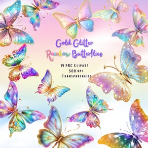 Cute Butterfly Clipart, Gold Rainbow Butterfly PNG Bundle, Transparent Images, Glitter Butterflies, Cute Golden Rainbow Butterfly Clipart