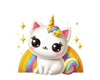 Könnte beinhalten: Eine weiße Katze mit einem Regenbogen-Einhorn-Horn und -Schwanz, die auf einem Regenbogen mit goldenem Glitzer sitzt. Die Katze hat große, schwarze Augen und eine rosa Nase.