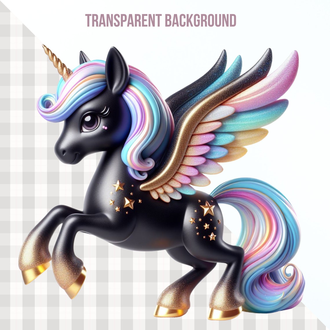 Rainbow Pegasus Unicorn Clipart: Black and Gold PNG (digital Download ...
