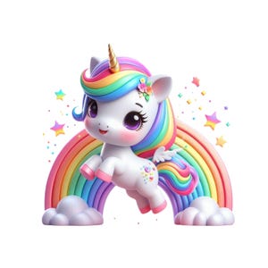 Clipart licorne arc-en-ciel, bébé licorne PNG, transparent téléchargement numérique licorne, conception de conte de fées, bébé licorne, licorne et arc-en-ciel
