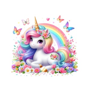 Rainbow Unicorn Clipart, Cute Unicorn PNG, Unicorn Digital Download Transparency, Fairytale Design, Unicorn with Flowers and Butterflies
