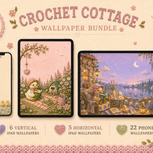 以下が含まれることがあります： 33種類のデザインを含む「Crochet Cottage」デジタル壁紙バンドル。画像には、スマートフォンと2台のタブレットが表示されており、庭や湖畔の風景の中にいるかぎ針編みのアヒルの子のイラストが描かれています。テキストには、iPad用縦型壁紙6枚、iPad用横型壁紙5枚、スマートフォン用壁紙22枚が含まれていることが示されています。