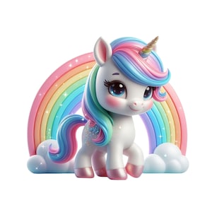 Clipart de unicornio arcoíris, lindo unicornio PNG, descarga digital de unicornio, diseño de cuento de hadas, unicornio bebé, unicornio y arcoíris