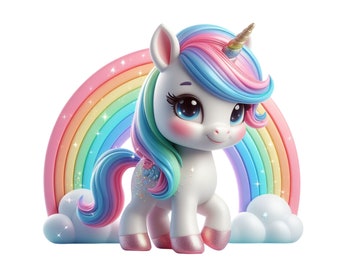 Regenbogen Einhorn Clipart, süßes Einhorn PNG, Einhorn Digital Download Transparenz, Märchen Design, Baby Einhorn, Einhorn und Regenbogen