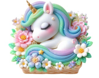 Sleeping Baby Unicorn Clipart: Floral Basket PNG (Digital Download)