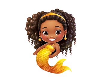 Cute Mermaid Clipart, African American Mermaid,  Cute Black Mermaid Clipart, PNG JPEG Mermaid Transparent Digital Download, Girls Printable