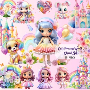 Cute Princess Clipart, Princess World PNG Bundle, transparente Bilder, Blumenprinzessinnen, Regenbogen, Schmetterlinge, Märchenschlösser, Tiere