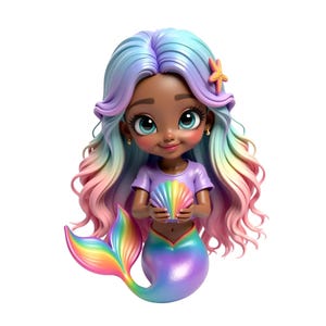 Illustrazione di una sirena carina, sirena afroamericana, clipart di una sirena nera, download digitale trasparente di PNG e JPEG, sirena arcobaleno