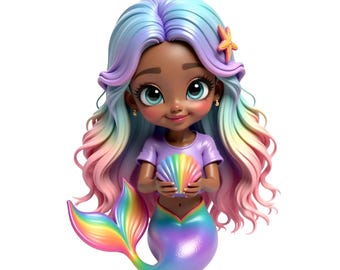 Rainbow Mermaid Clipart: African American Girl Illustration (PNG, JPEG Digital Download)