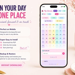 Puede incluir: Interfaz de planificador digital en pantalla de smartphone, mostrando un calendario con d&iacute;as codificados por colores. El texto dice "Planifica tu d&iacute;a en un solo lugar" con instrucciones para m&oacute;vil y descarga instant&aacute;nea.