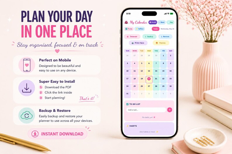 Puede incluir: Interfaz de planificador digital en pantalla de smartphone, mostrando un calendario con d&iacute;as codificados por colores. El texto dice "Planifica tu d&iacute;a en un solo lugar" con instrucciones para m&oacute;vil y descarga instant&aacute;nea.