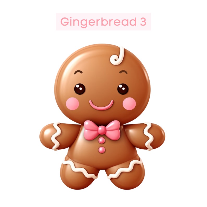 May include: A gingerbread person with a pink bow tie and white icing details. The gingerbread person has a smiling face with brown eyes and rosy cheeks.