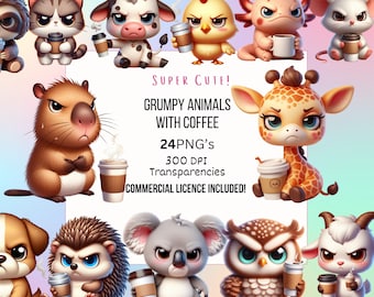 Cute Grumpy Animals Clipart Bundle, Animals with Coffee Images, PNG Baby Animal Transparencies, Funny Animal Clipart, Printable Images