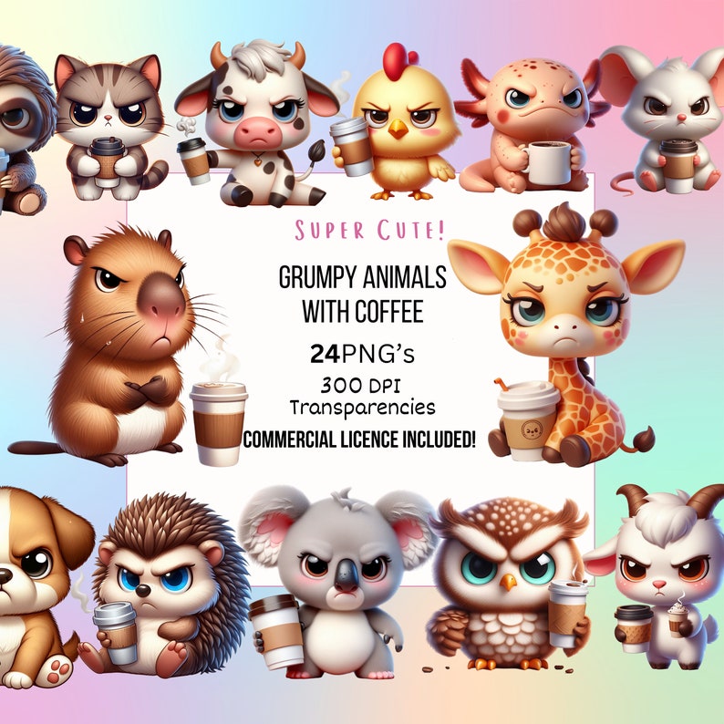 Cute grumpy animals with cofee clipart bundle, png transparencies