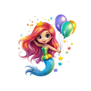 Schattige zeemeermin clipart, verjaardag zeemeermin png, jpeg, zeemeermin transparante achtergrond, zeemeermin en ballonnen tekenfilm, zeemeermin brithday voor meisjes