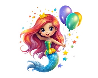 かわいい人魚のクリップアート、誕生日の人魚 PNG JPEG、人魚の透明な背景、人魚と風船の漫画、女の子のための人魚の誕生日