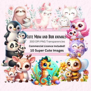Bundle de cliparts animaux mignons, maman et bébés animaux, PNG transparents pour bébés animaux, cliparts animaux mignons, pingouins, hiboux, lama, paresseux, cerf