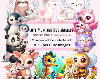Cute Animals Clipart Bundle, Mum and Baby Animals, PNG Baby Animal Transparencies, Cute Animal Clipart, Penguins, Owls, Llama, Sloth, Deer