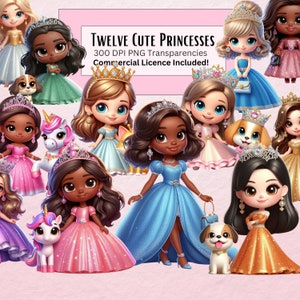 Cute Pink Princess Clipart Bundle, Princess PNG Transparencies, Fairy Tail, Fairy Tale Princess Clipart Bundle