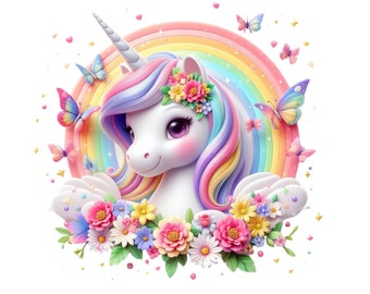 Rainbow Unicorn Clipart, Cute Unicorn PNG, Unicorn Digital Download Transparency, Fairytale Design, Floral Unicorn, Unicorn and Rainbow