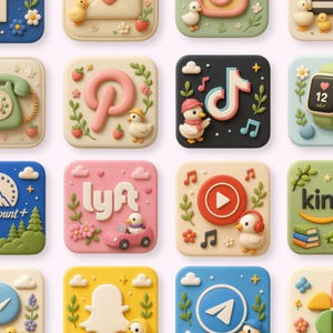 Op de afbeelding: Een verzameling vierkante app-pictogrammen met een 3D-effect, elk met een uniek ontwerp. De pictogrammen bevatten social media logo's, muzieknoten en een eendje. Het kleurenpalet is zacht en pastel, met een focus op roze, groen en blauw.