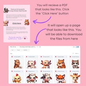 Puede incluir: Una captura de pantalla de un servicio de intercambio de archivos con una carpeta titulada "Grumpy Animals with C..." y una lista de archivos con nombres como "Grumpy Capeba!" y "Grumpy Axylot!" Los archivos son im&aacute;genes de animales de dibujos animados con expresiones gru&ntilde;onas que sostienen tazas de caf&eacute;. El texto "Thank you for buying the Grumpy Animals Clipart Bundle" es visible en la esquina superior izquierda de la pantalla.