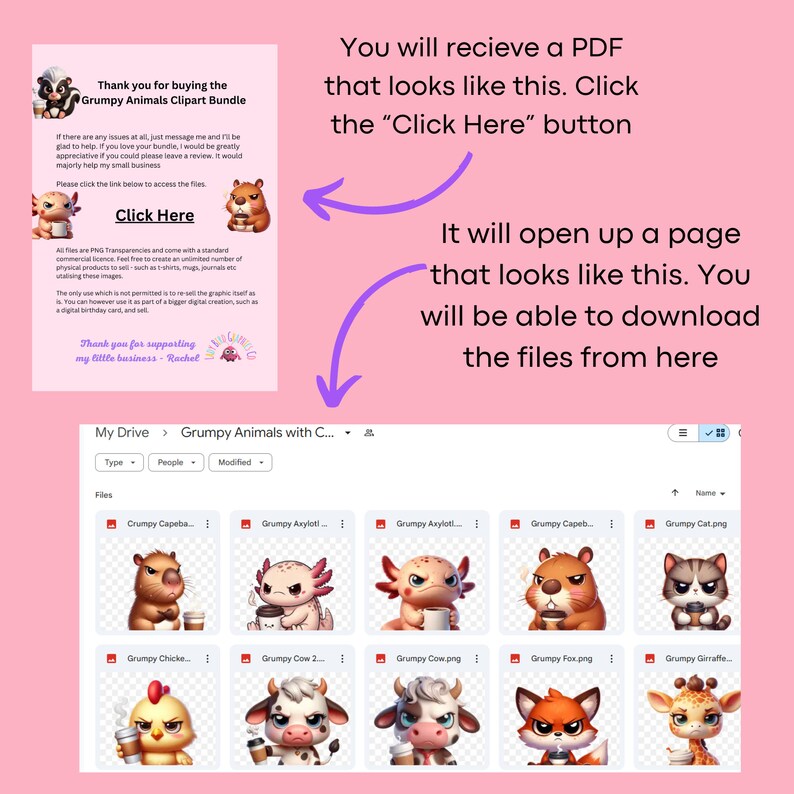 Puede incluir: Una captura de pantalla de un servicio de intercambio de archivos con una carpeta titulada "Grumpy Animals with C..." y una lista de archivos con nombres como "Grumpy Capeba!" y "Grumpy Axylot!" Los archivos son im&aacute;genes de animales de dibujos animados con expresiones gru&ntilde;onas que sostienen tazas de caf&eacute;. El texto "Thank you for buying the Grumpy Animals Clipart Bundle" es visible en la esquina superior izquierda de la pantalla.