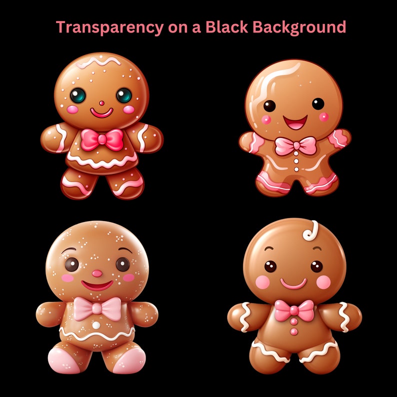 May include: Four gingerbread people with pink bows and white icing on a black background. The gingerbread people are smiling and have different facial expressions.