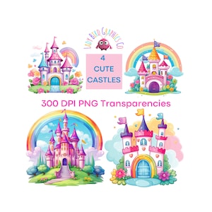 Fairy Tale Castle Bundle, Cute Princess Castle Clipart, Rainbow Castles PNG Transparencies, Kids Castles Cartoon Images