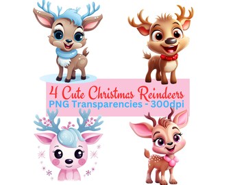 Christmas Reindeer PNG Bundle, Cute Reindeer Clipart, Christmas Instant Download Transparency, Kids Christmas Printables, Baby Reindeers