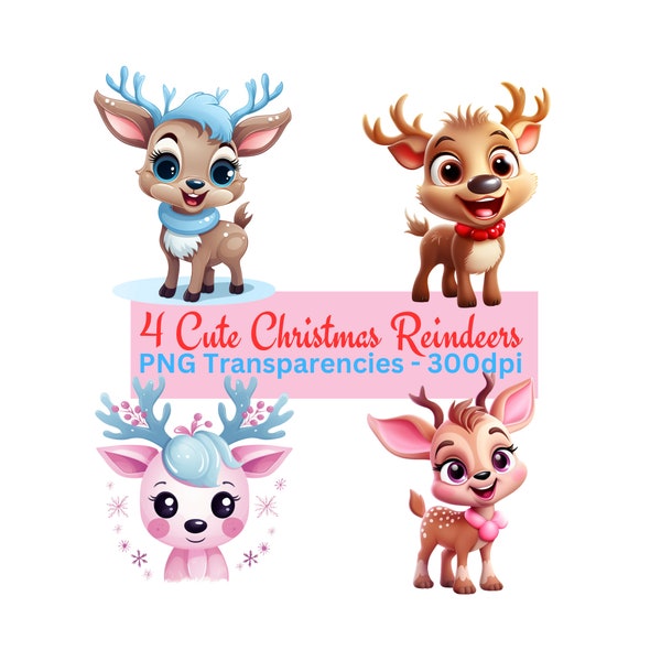 Christmas Reindeer PNG Bundle, Cute Reindeer Clipart, Christmas Instant Download Transparency, Kids Christmas Printables, Baby Reindeers