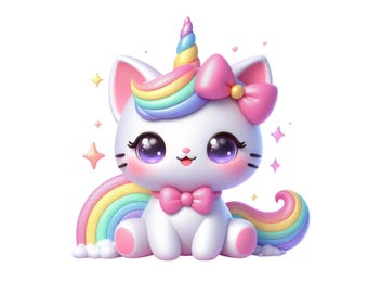Caticorn, Cute Kitycorn with a Bow, Coquette Clipart PNG, Instant Download Transparency, Cute Kittycorn, Cat Unicorn Commercial Use