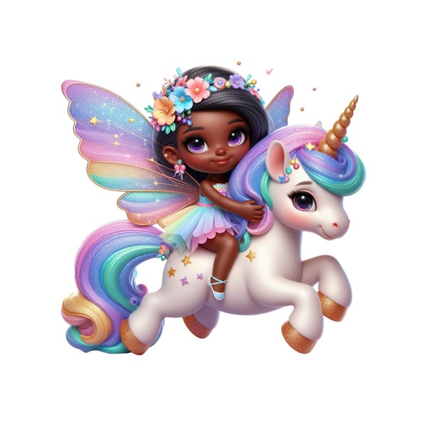 Cute Fairy and Unicorn Clipart, Fairy PNG Instant Download Transparency, Fairy Riding Magical Unicorn, Fairy Tale Clipart, Unicorn Printable
